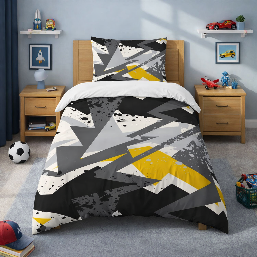 Grey yellow and white abstract design duvet set in a cosy bedroom