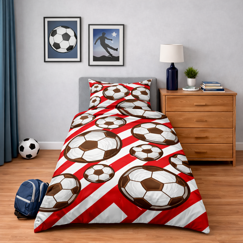 Bedding set with soccer ball pattern in a bedroom setting