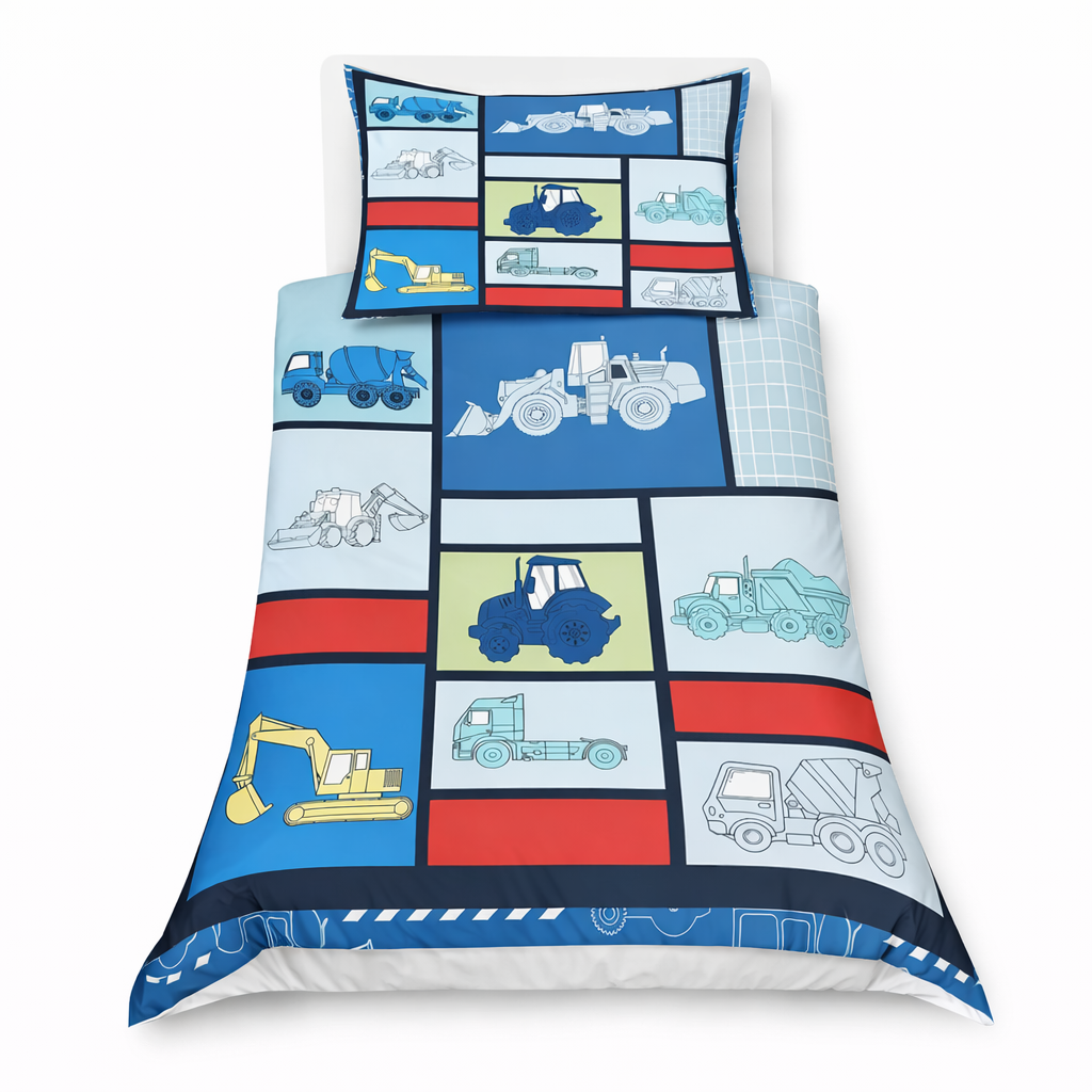 Children's bedding set with construction vehicle theme on a white background