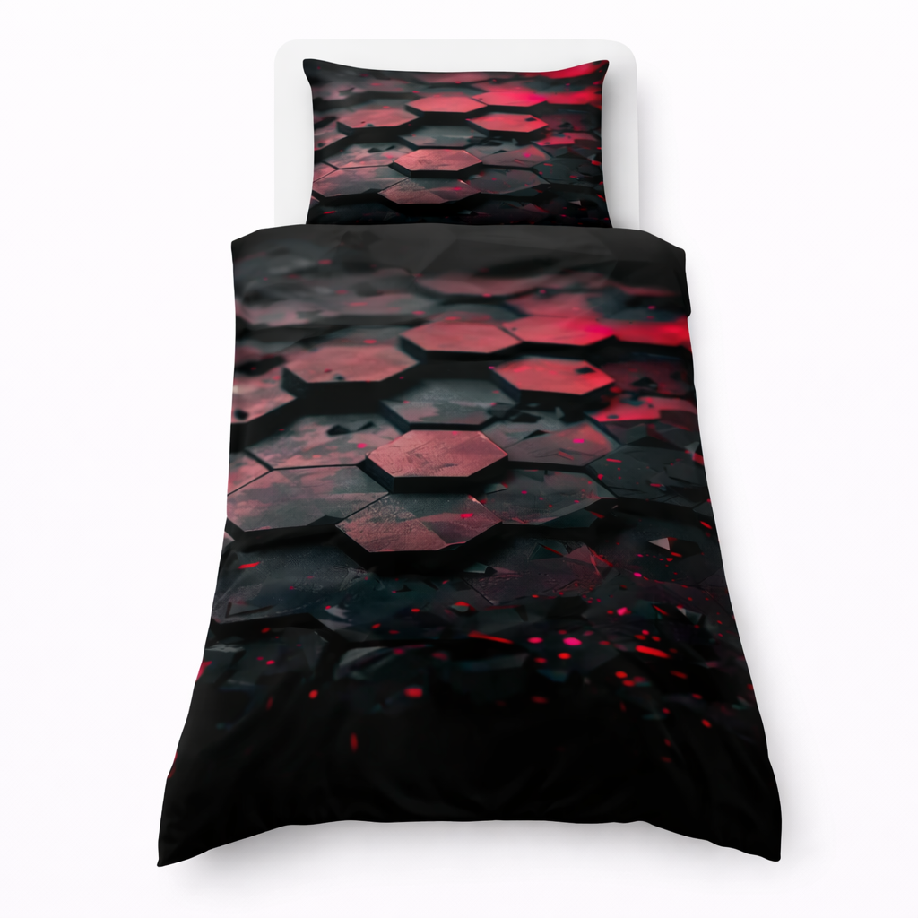 Red and black geo design duvet cover and pillowcase on a white background
