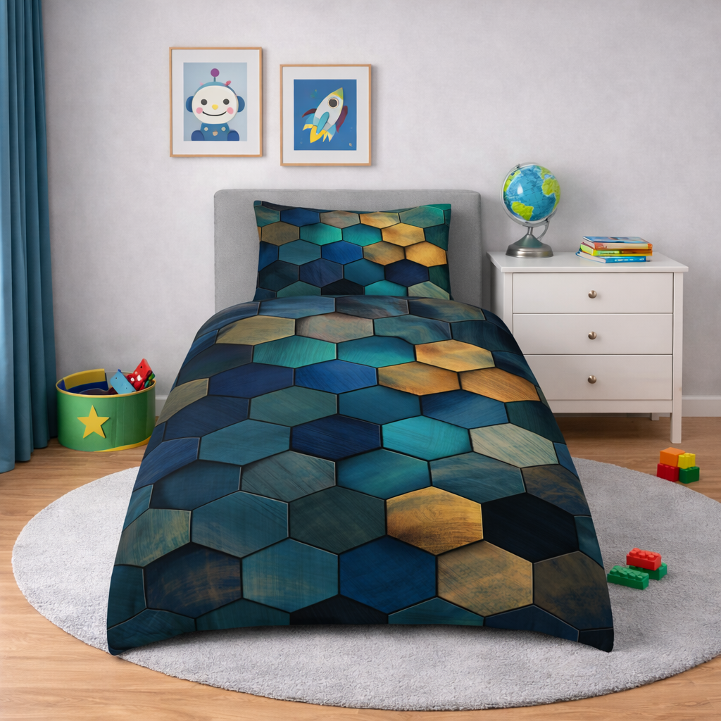 Children's room with a hexagonal patterned comforter on a bed, toys, and decor.