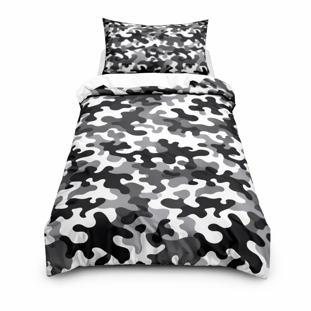 Camouflage patterned bedding set on a white background