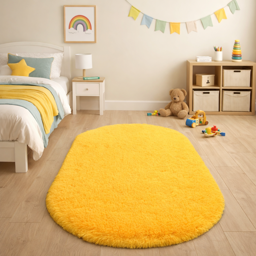Mustard yellow silky plush oval rug placed on a wooden floor in a softly styled children's bedroom