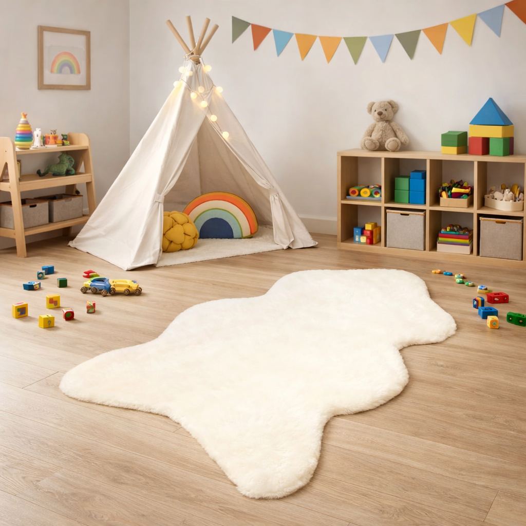 White fun-shaped faux rabbit fur rug placed on a wooden floor in a child's playroom