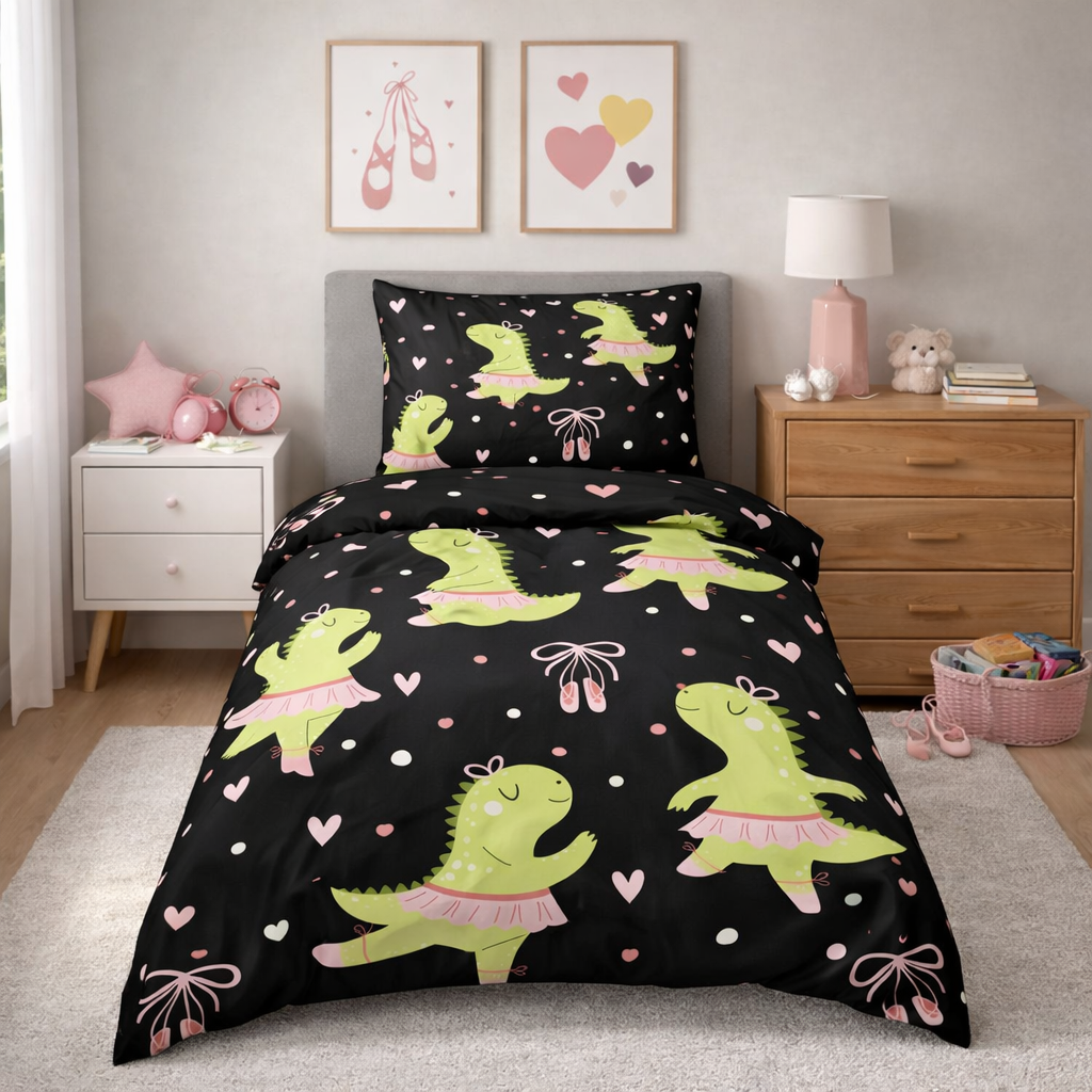 Dinosaur ballerina on a black duvet cover with a matching pillowcase