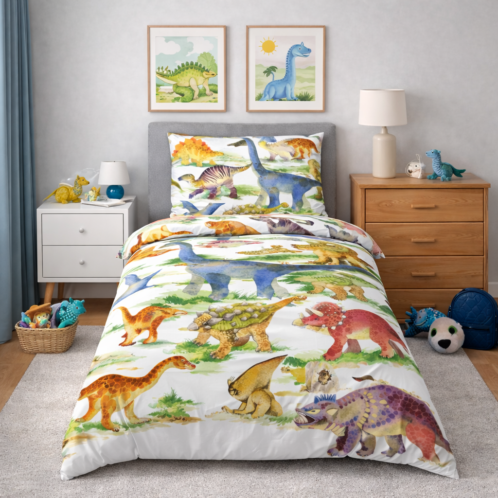 Dinosaur-themed bedding set in a child's bedroom with matching pillows and wall art.