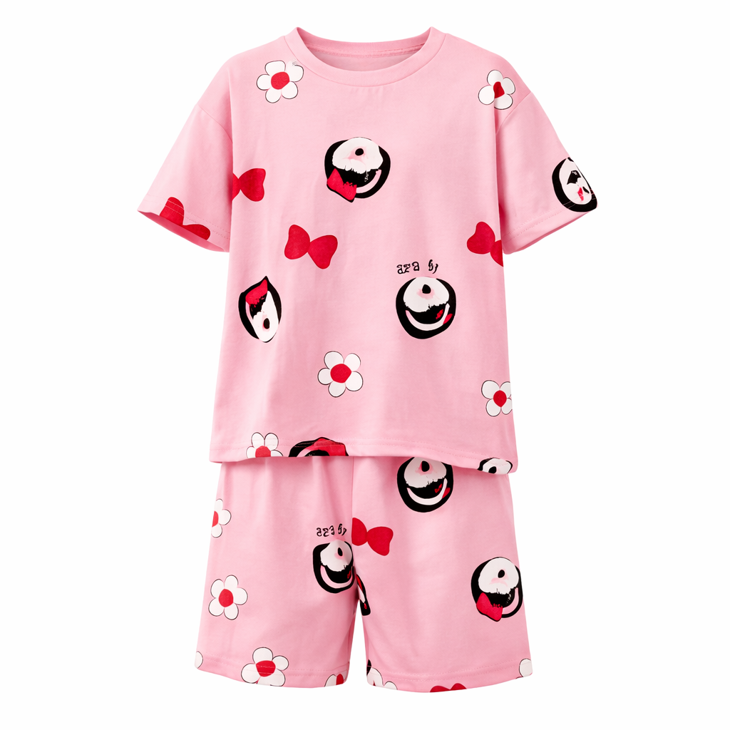 Pink children's pyjama set with cartoon design on a white background