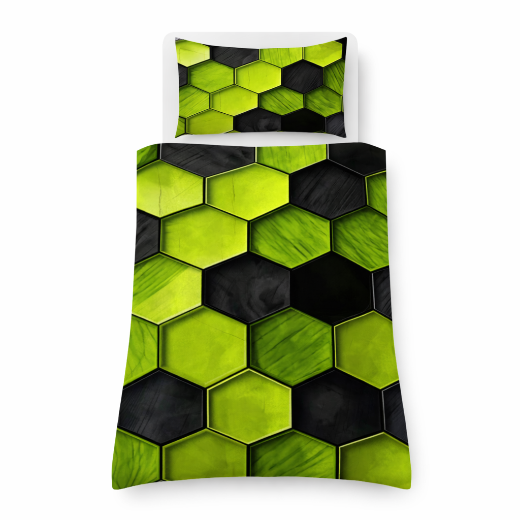 Green and black hexagon geometric bedding set