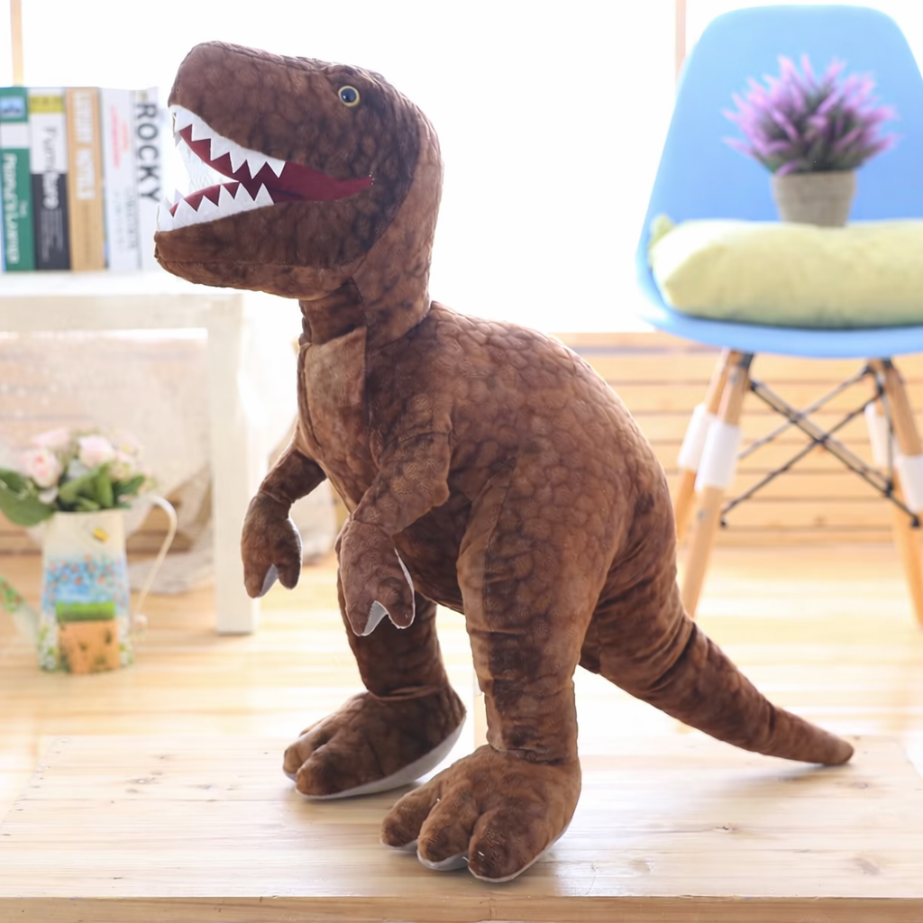 Brown soft plush t-rex dinosaur on a wooden surface in a living room setting.