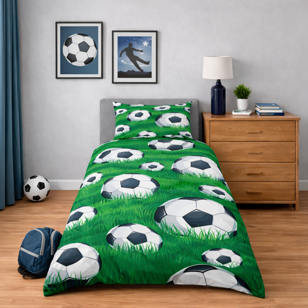 Bedding set with soccer ball pattern in a bedroom setting