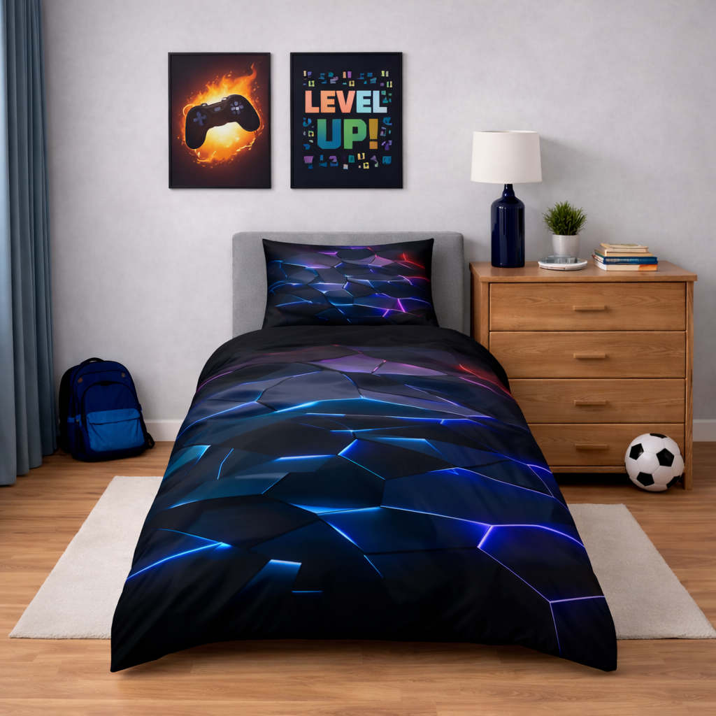 Blue neon geo design bedding set in a bedroom setting