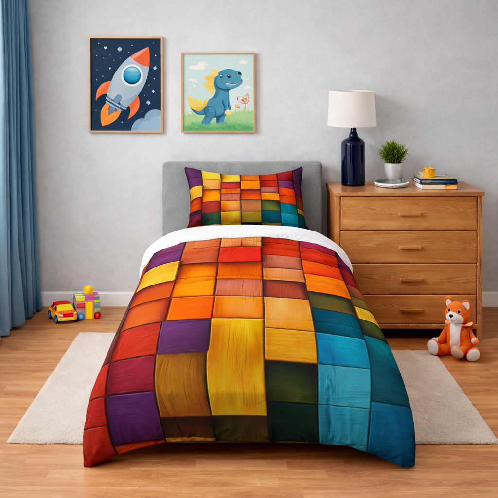 Colourful cube geometric pattern bed cover and pillowcase set in a bedroom setting