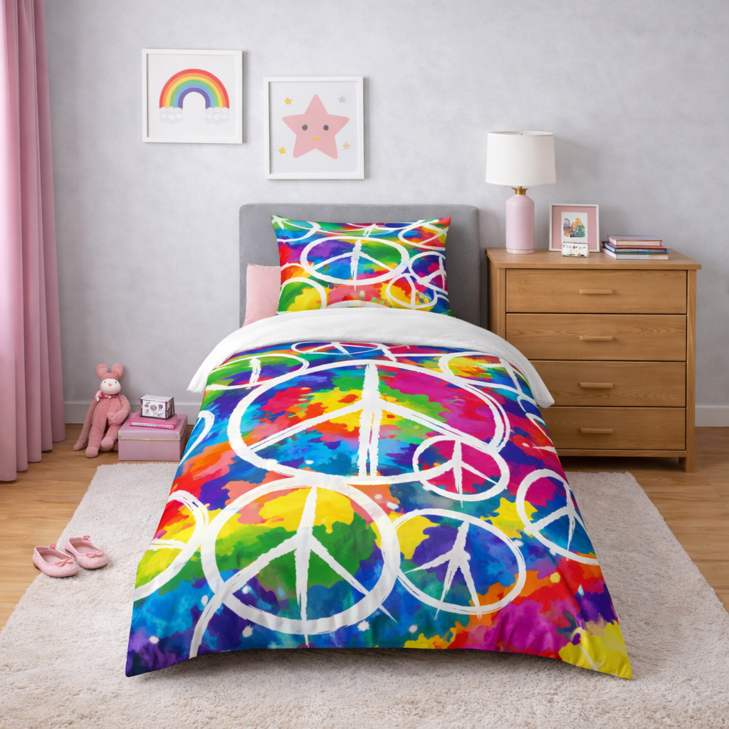 Colorful peace symbol bedding set on a bed in a bedroom with decor elements.