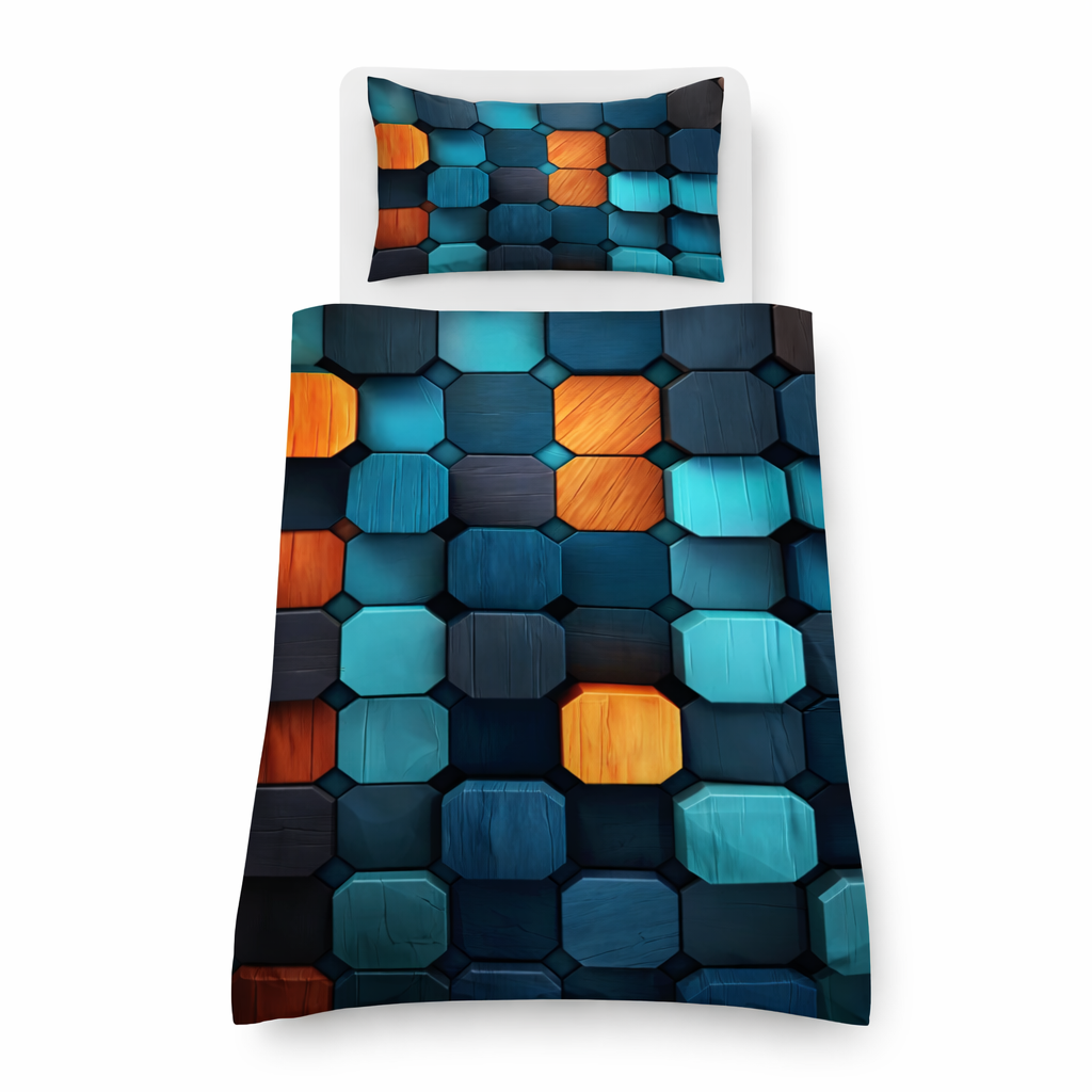 Wood effect 3D geometric duvet cover and pillowcase set on a white background