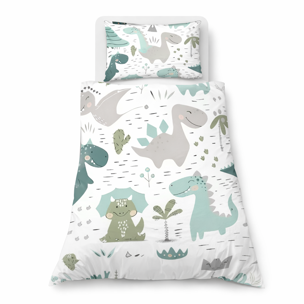 Dinosaur theme design duvet cover and matching pillowcase on a white background