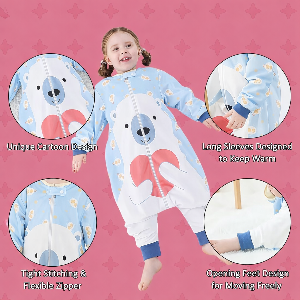 Child wearing a blue cartoon onesie with close-up details on a pink background