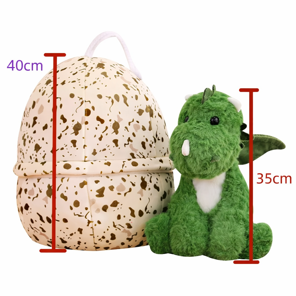 Green plush dragon toy next to a speckled egg-shaped container with measurements indicated.