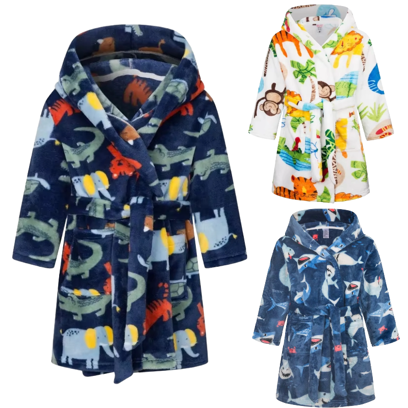 Kids hooded animal print bathrobe nightgown in three colourful designs with tie belt