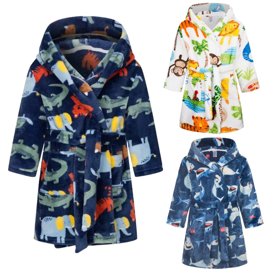 Kids hooded animal print bathrobe nightgown in three colourful designs with tie belt