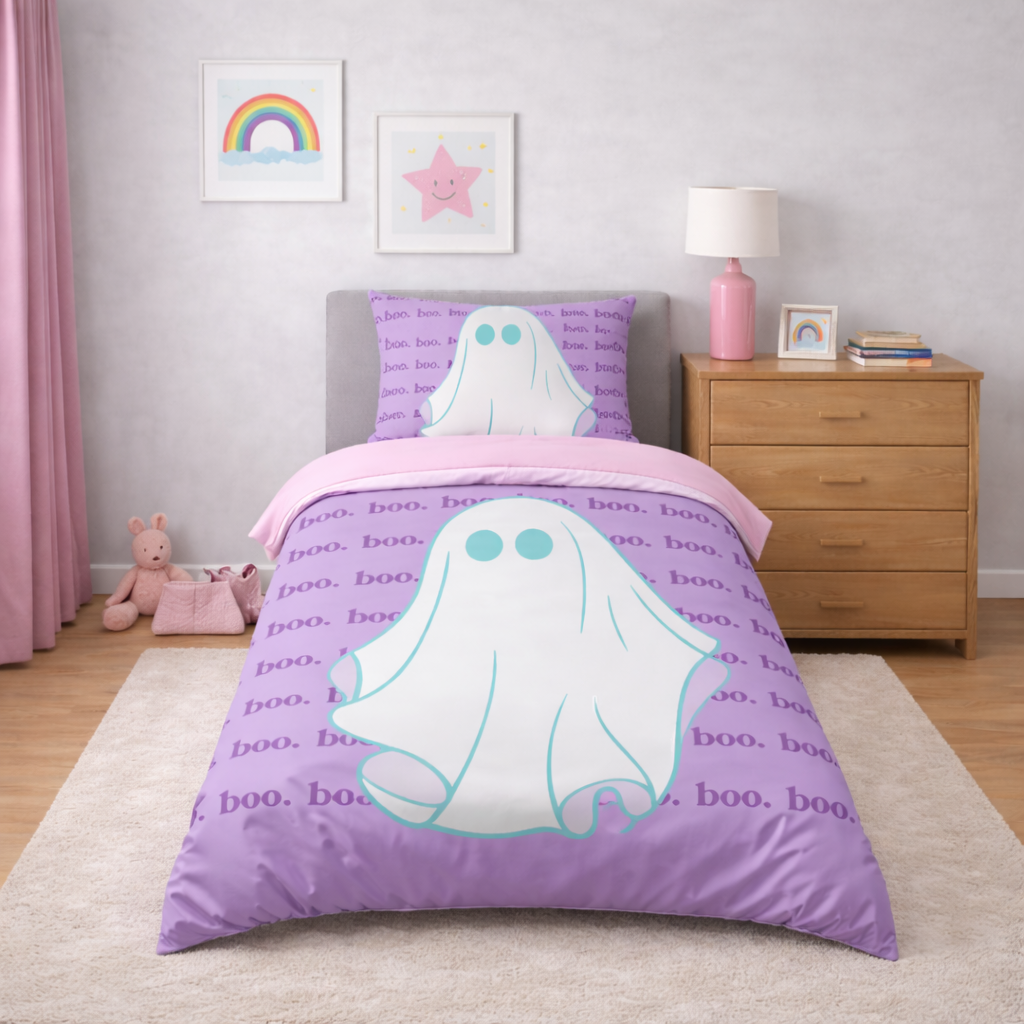 Pastel purple kids ghost bedding set with large ghost design and “boo” pattern