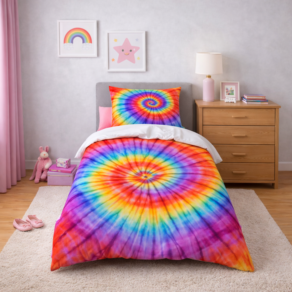Bedroom with tie-dye bedding and colourful decor