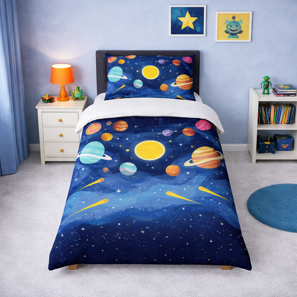 Children’s single planet duvet set with colourful solar system design on navy space background
