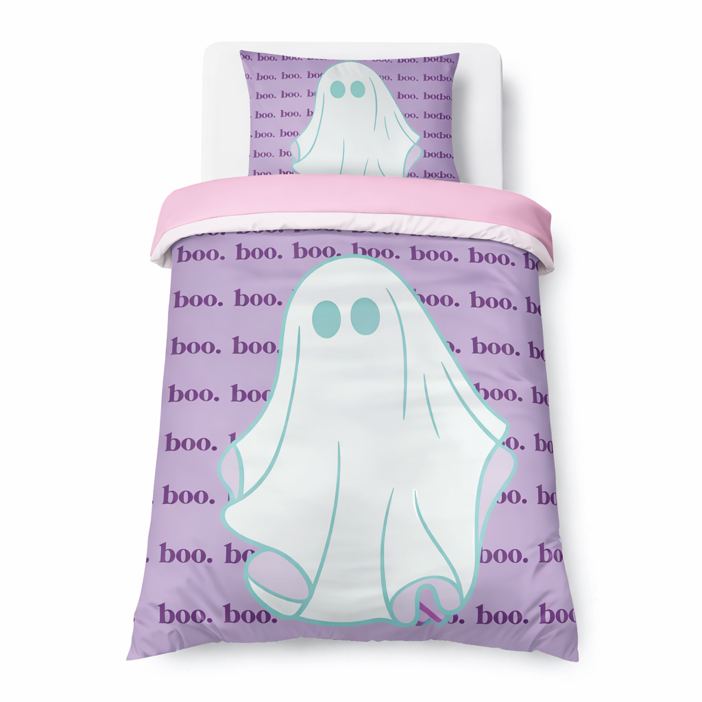 Pastel purple kids ghost bedding set with large ghost design and “boo” pattern on a white background
