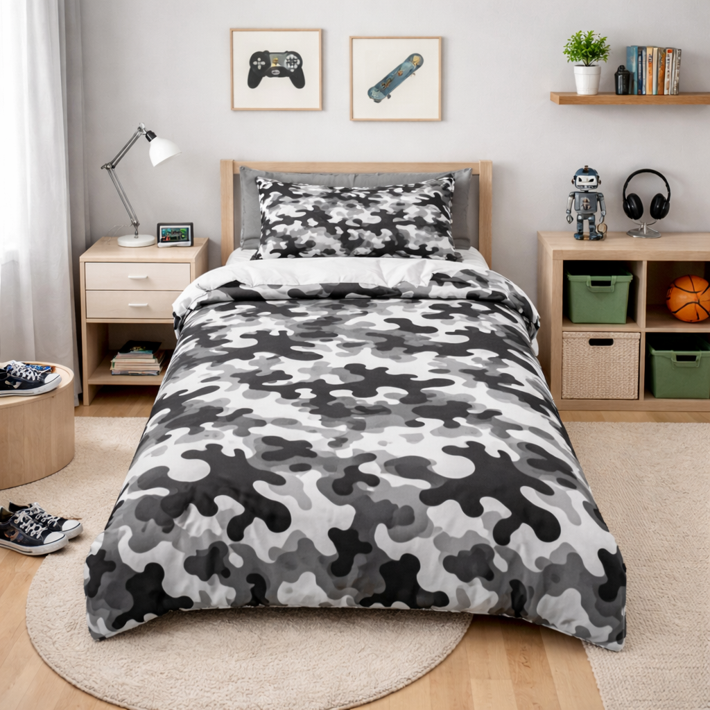 Camouflage-patterned bedspread on a bed in a room with furniture and decor.