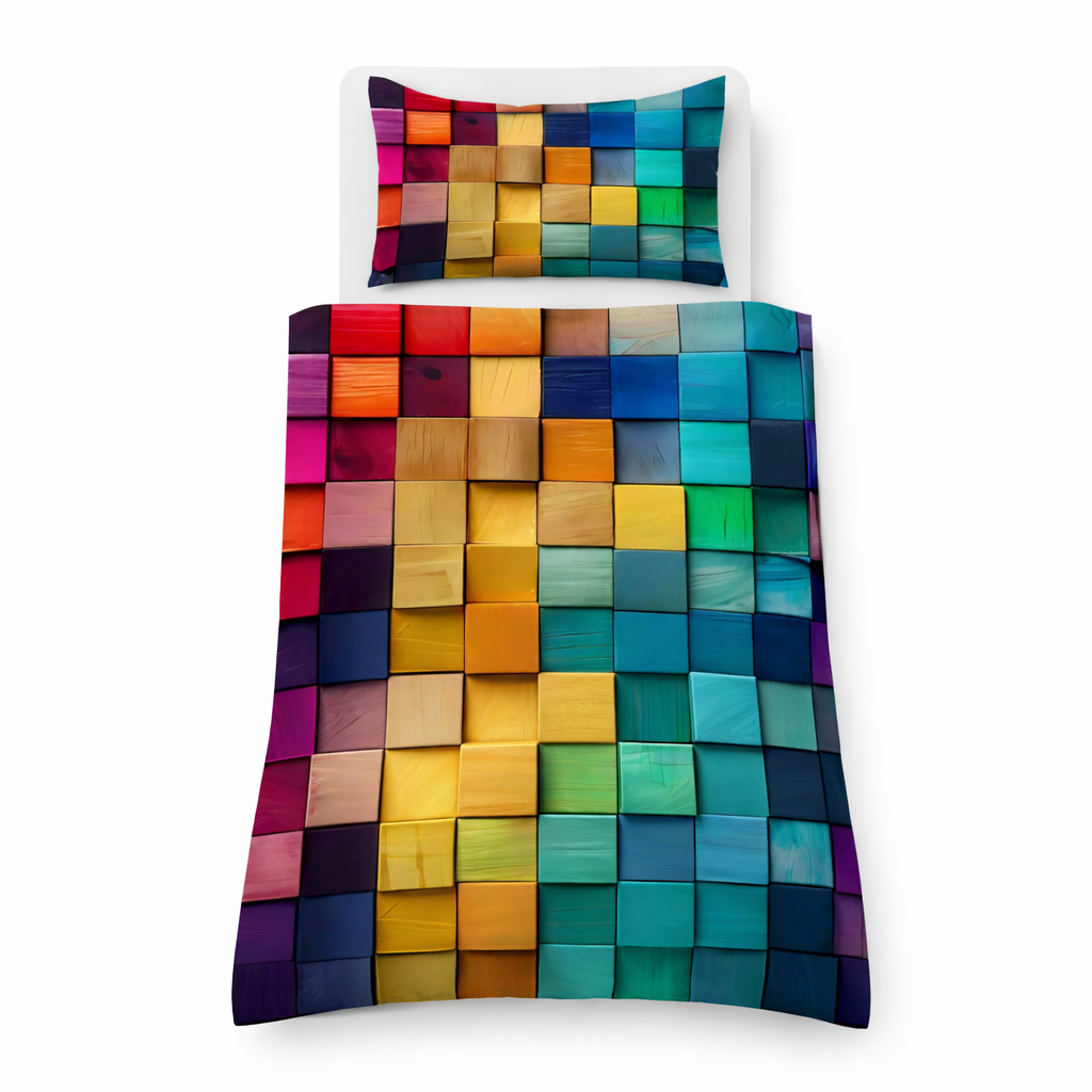 Colourful cube geometric pattern bed cover and pillowcase set on a white background