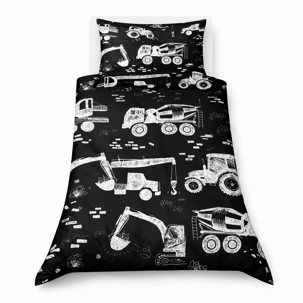 Black bedding set with white construction vehicle patterns on a white background