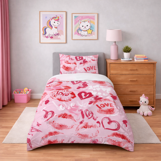 Children's bedroom with pink and red 'LOVE' patterned bedding, nightstand, and decor.