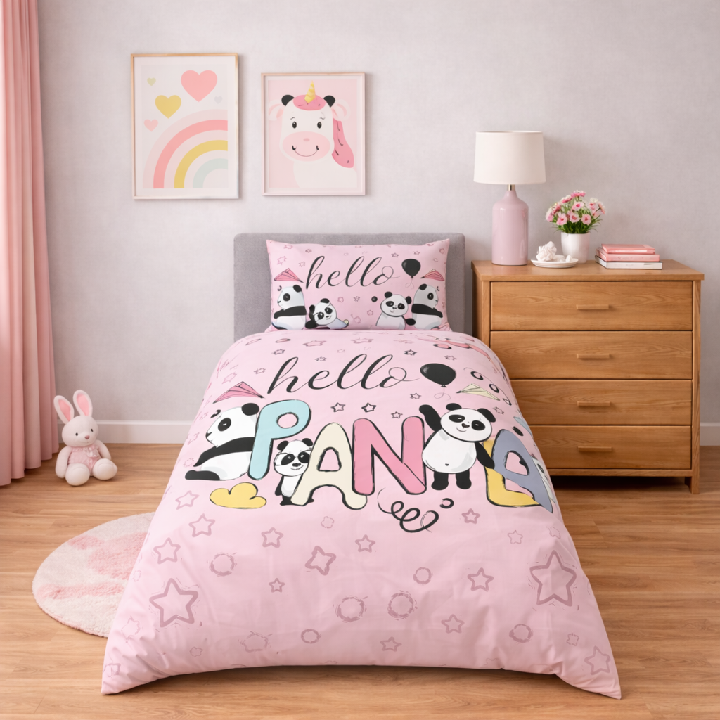Children's bedroom with pink 'hello panda' bedding set, nightstand, and wall art.
