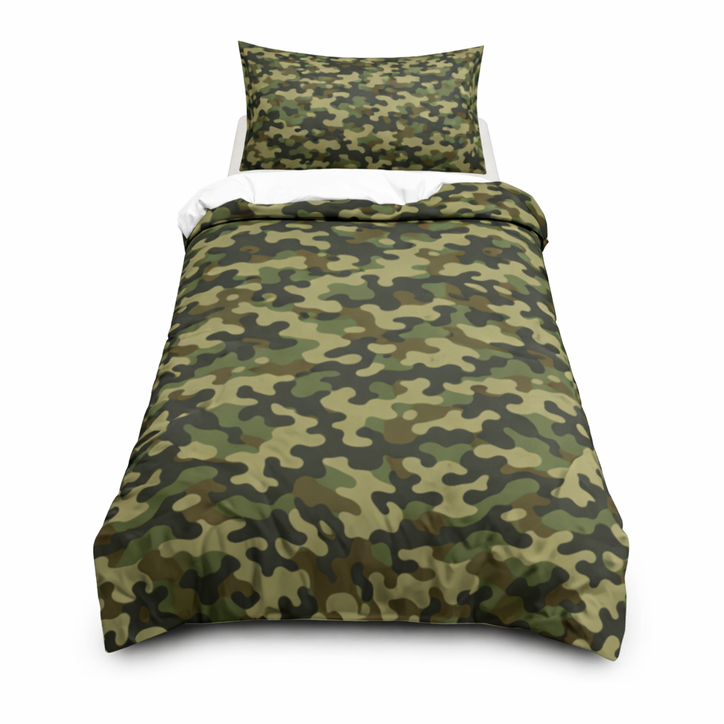 Camouflage bedspread a matching pillow on a white background