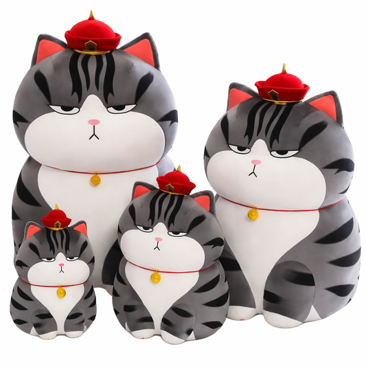 Set of four cat-shaped plush toys with red hats on a white background