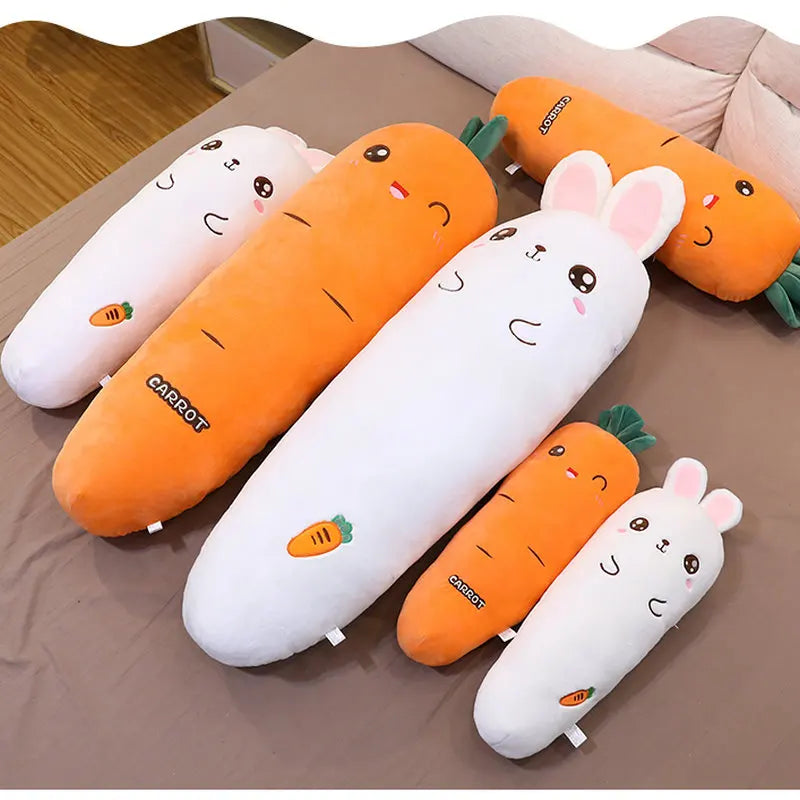 Carrot and Rabbit soft plush sleeping companions in different sizes.