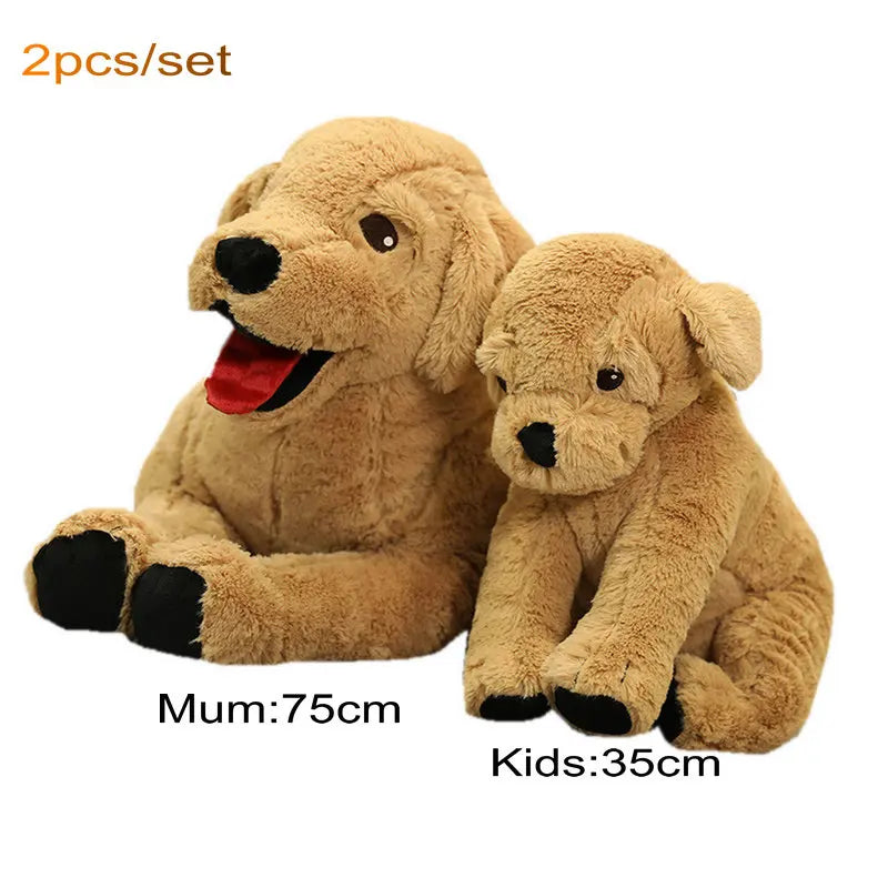 Two plush dog toys, one larger and one smaller, on a white background with text indicating size and quantity.