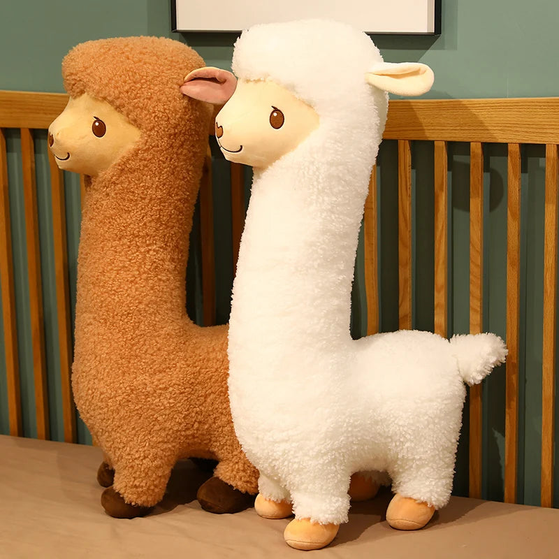 Furry plush llama soft toy with long body design in two colour options