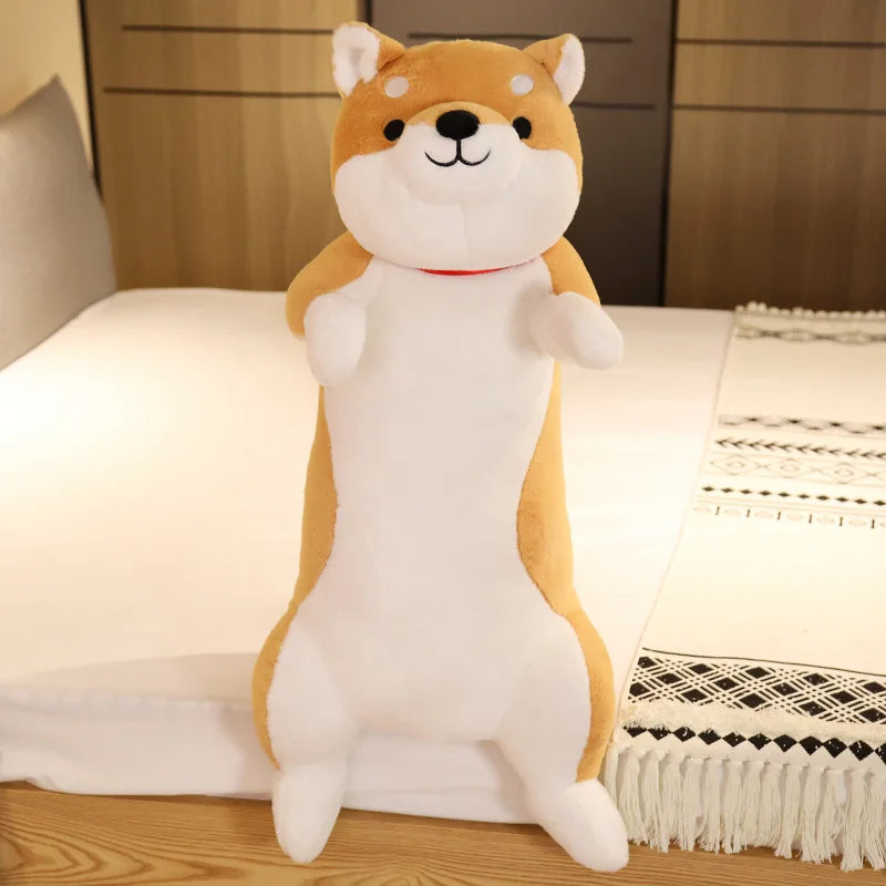 Plush toy shaped like a dog in a bedroom setting.