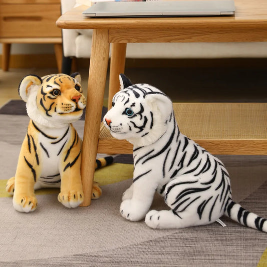 Lifelike tiger plush toy with realistic stripes and soft stuffed body, designed as a cute sitting tiger cub.