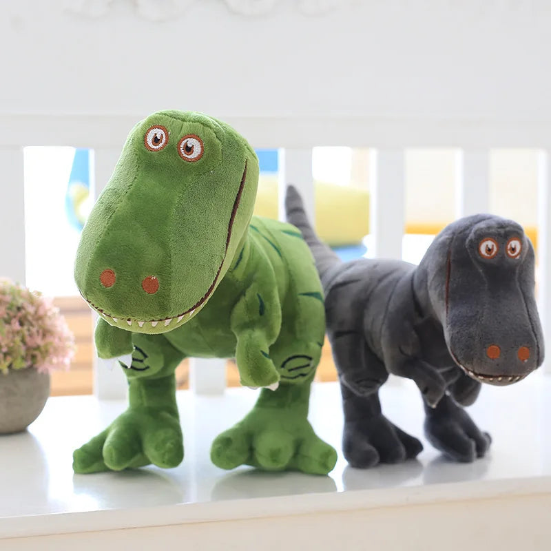 Green and grey plush soft tyrannosaurus rex toy. 