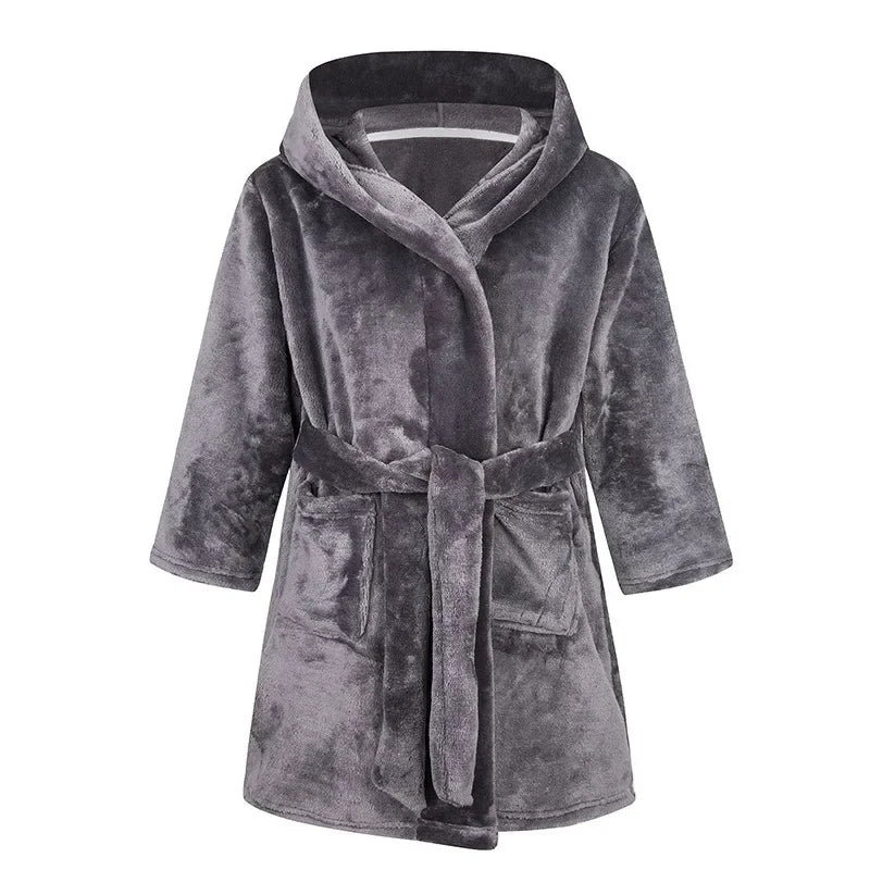 Kids soft hooded bathrobe nightgown in charcoal grey with rope tie fastening.