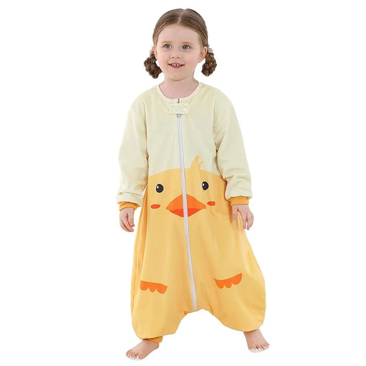 Child wearing a yellow duck-themed onesie on a white background