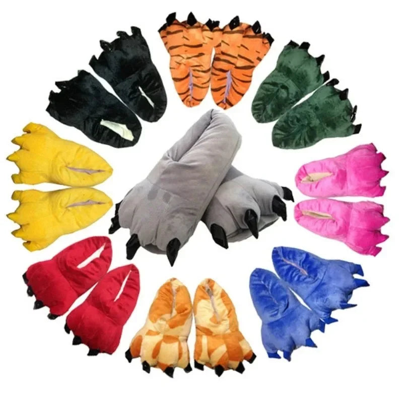 Colourful monster paw slippers arranged in a circular pattern on a white background.