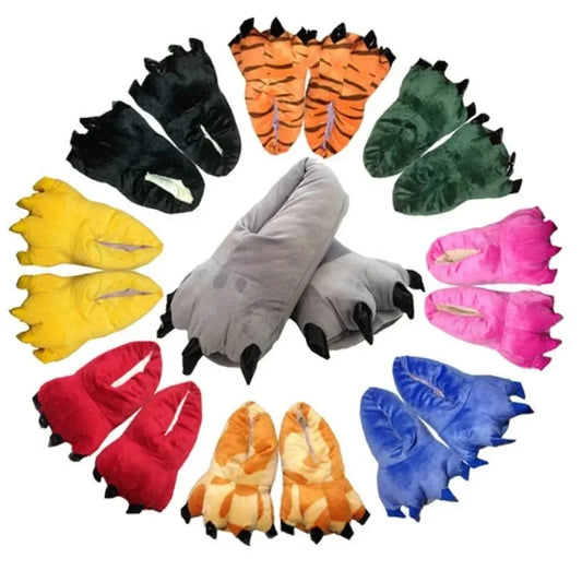 Colourful monster paw slippers arranged in a circular pattern on a white background.