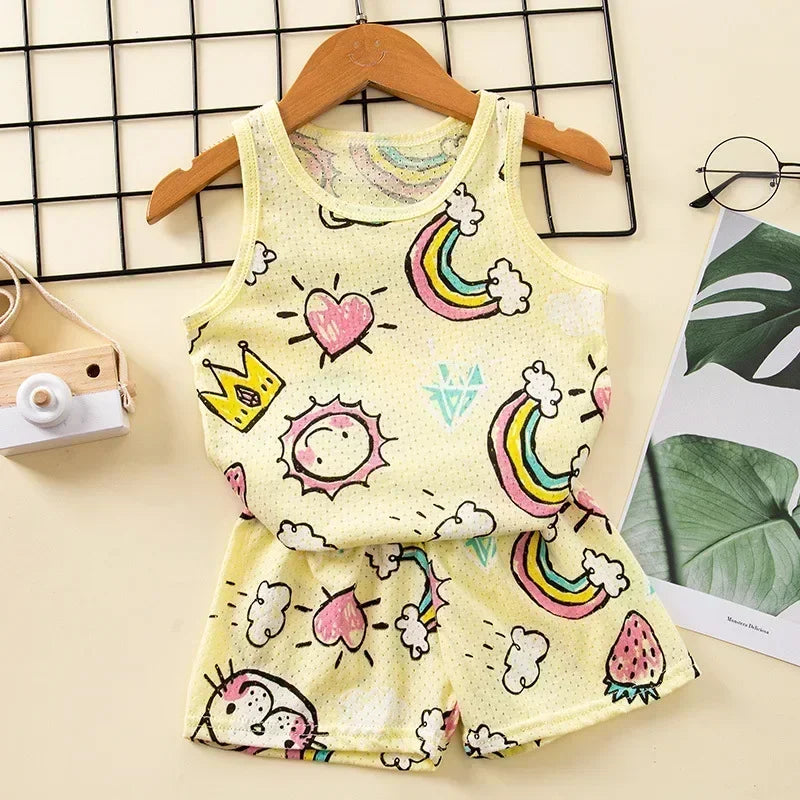 Yellow vest and short pyjama set with rainbow and sunshine patterns on a hanger