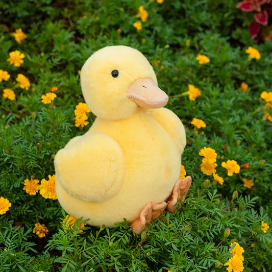 Lifelike yellow duck plush toy with soft stuffed body, designed as a cute simulation duck for cuddling and décor.