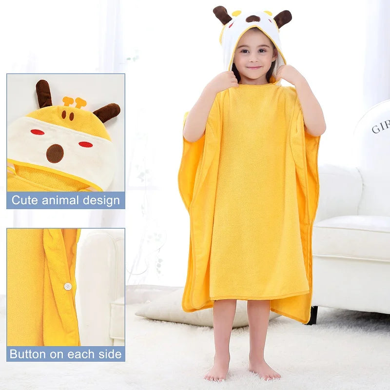 Child wearing a yellow giraffe-themed hooded towel with close-up details on a white background.