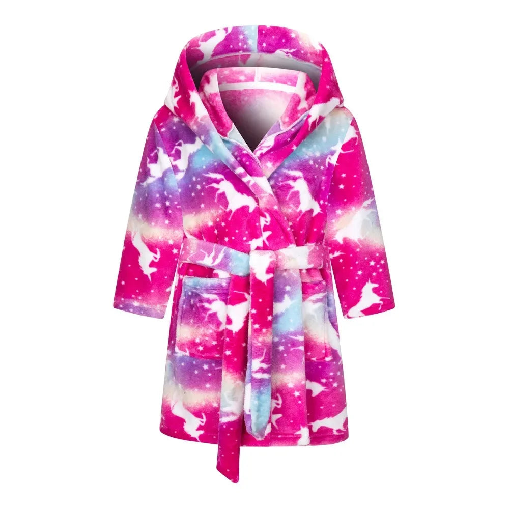 Girls pink hooded bathrobe nightgown with bright unicorn galaxy print.