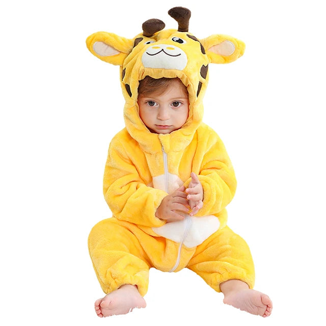 Child wearing yellow giraffe hooded baby romper with soft cartoon design and full zip on a white background