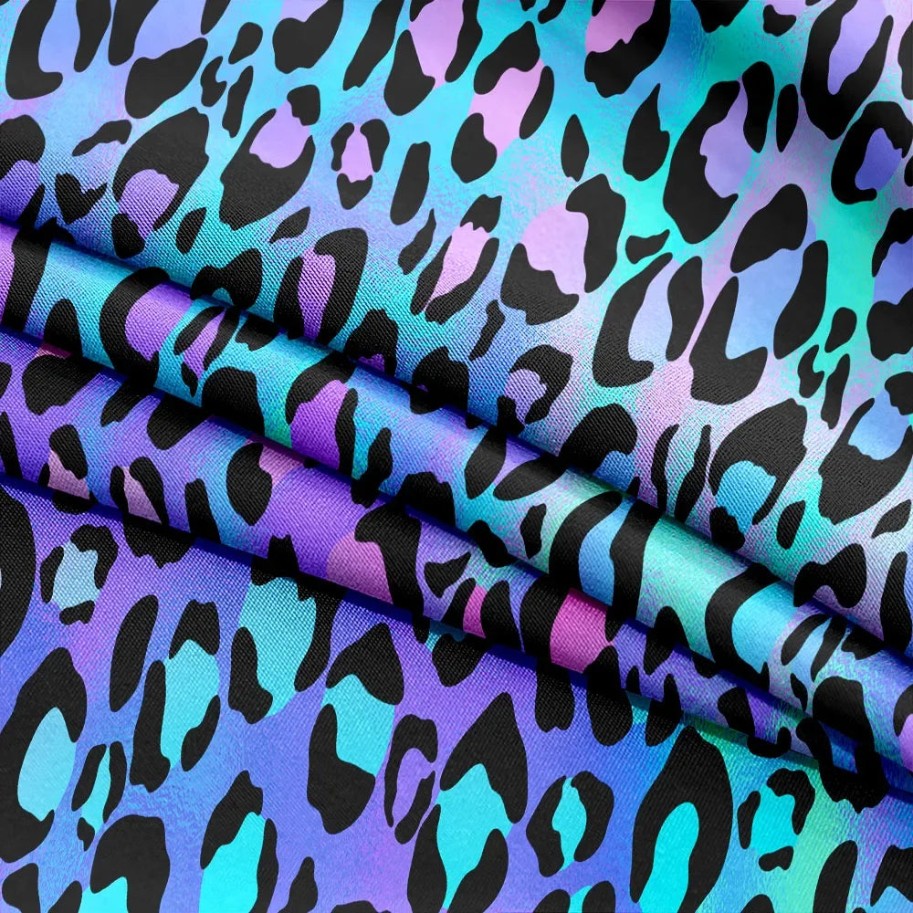 Leopard print fabric with black, blue, and purple colors